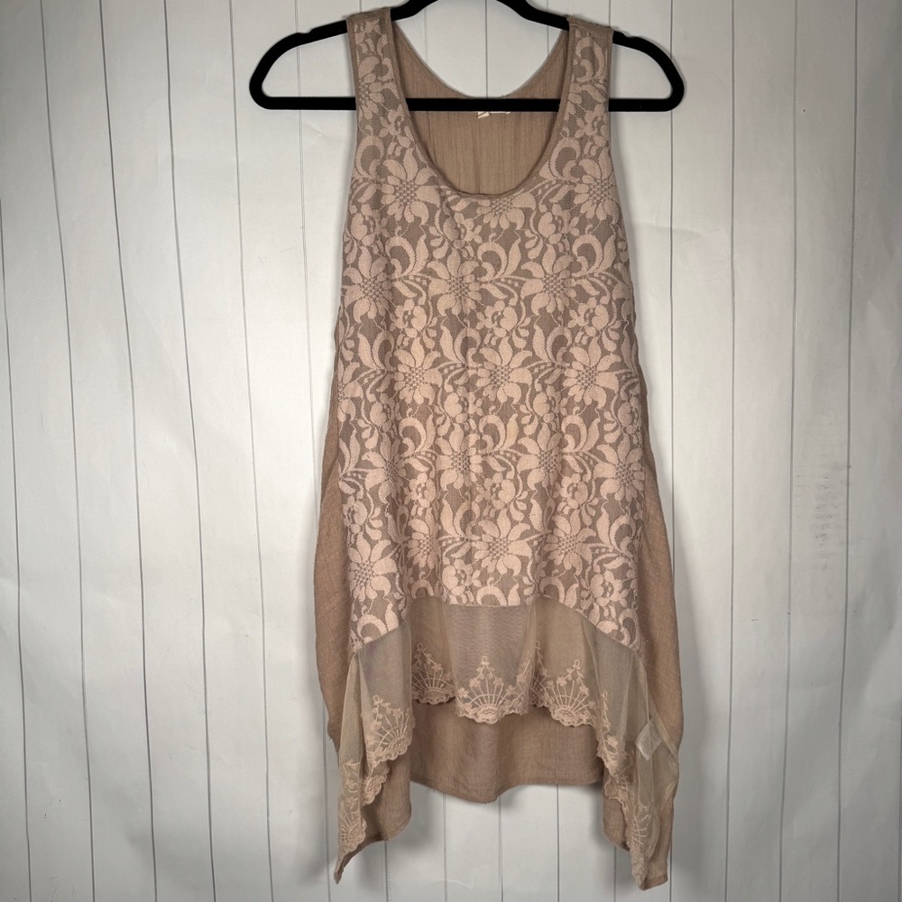Indigo Soul Long Tunic Tank Cotton Blend Floral Lace Front Boho Lagenlook Tan S‎